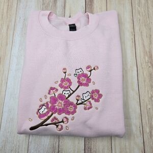 Cherry Blossom and Cats Embroidered Sweater Size M